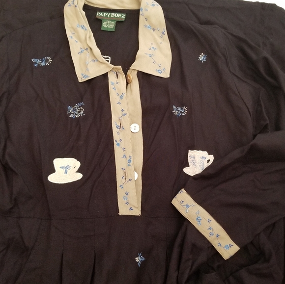 PAPY BOEZ Dress M/L Peasant Prairie Floral Teacups Embroidered Navy Blue - Picture 3 of 10